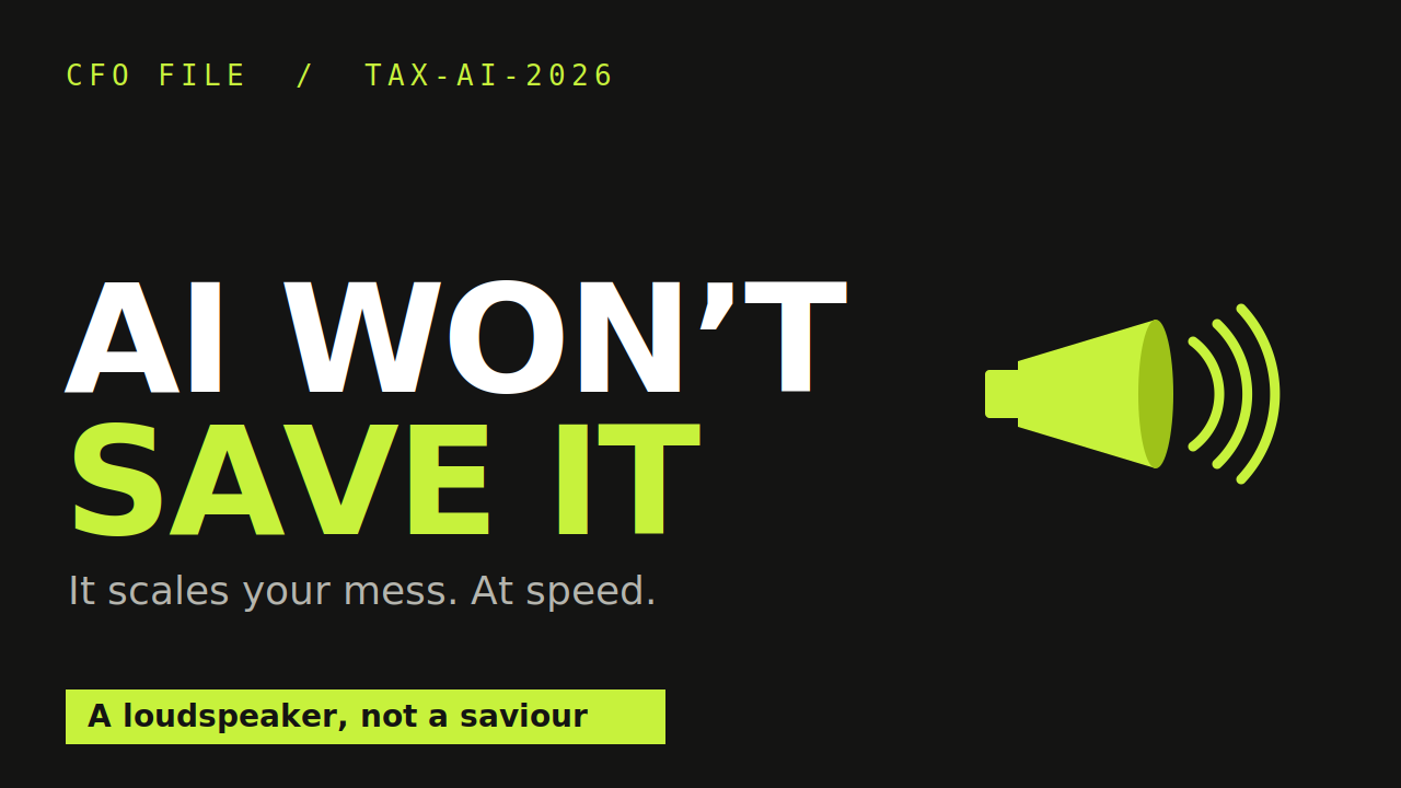 Dark hero banner with bold white 'AI WON'T' and lime 'SAVE IT' text, a neon green loudspeaker on the right, and the subtitle 'It scales your mess. At speed.' A lime caption reads 'A loudspeaker, not a saviour' at the bottom left.