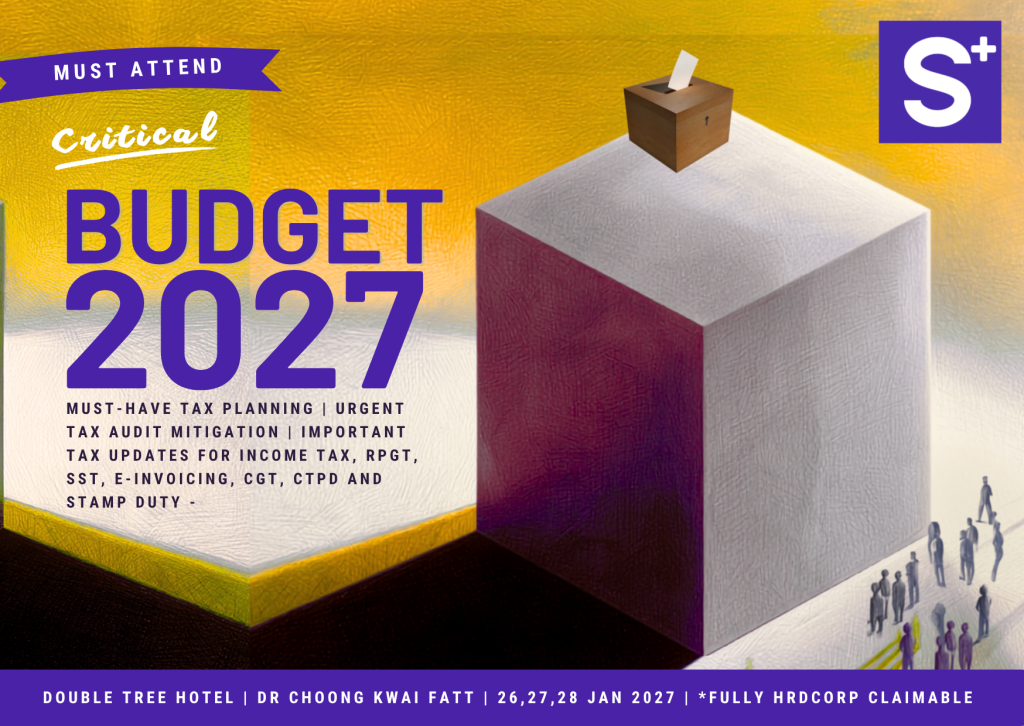 BUDGET 2027 JB - Synergy TAS - Synergy TAS Poster for Budget 2027 event with bold purple typography, a large '2027', a white cube with a small ballot box on top, and an S+ logo; purple banner reads 'Must Attend' and a purple strip at bottom lists venue and dates.
