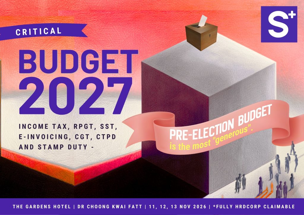 Budget 2027 - Synergy TAS - Synergy TAS Poster announcing Budget 2027 with bold purple text on pink background and a large white cube graphic