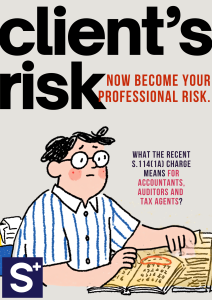 cover - Comic - s 1141A - Synergy TAS - Synergy TAS Cartoon man reading a book with a bold 'client's risk' headline about professional risk for accountants and auditors.