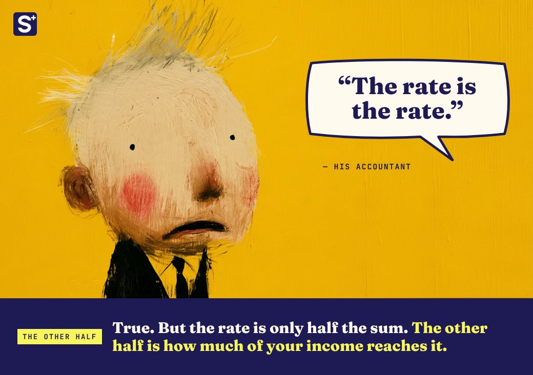 Mr. Tan frowns as his accountant says: The rate is the rate. Below: True. But the rate is only half the sum.