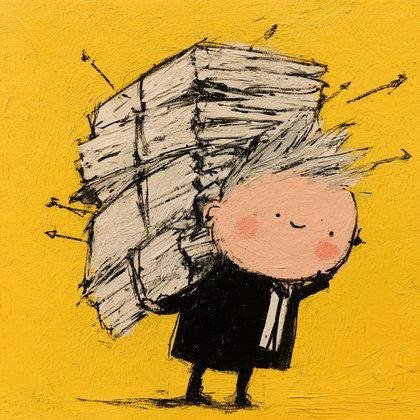 Smiling owner holding up a thick stack of documents as a shield while arrows bounce off