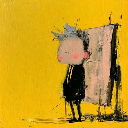 Owner standing proudly in front of a shopfront that is only a painted board propped up by sticks