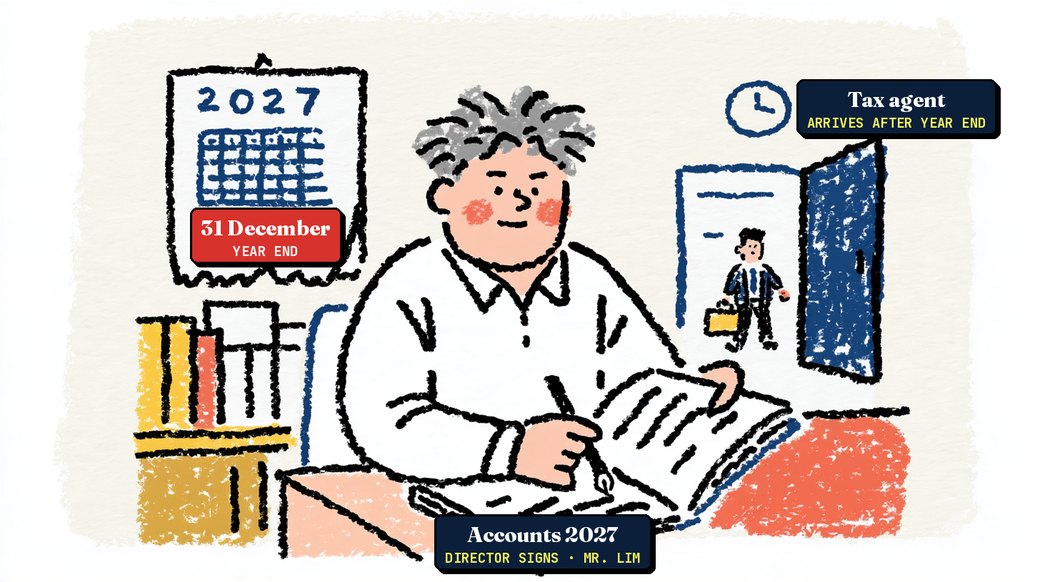 Mr. Lim signs the 2027 accounts at year end while the tax agent arrives at the door